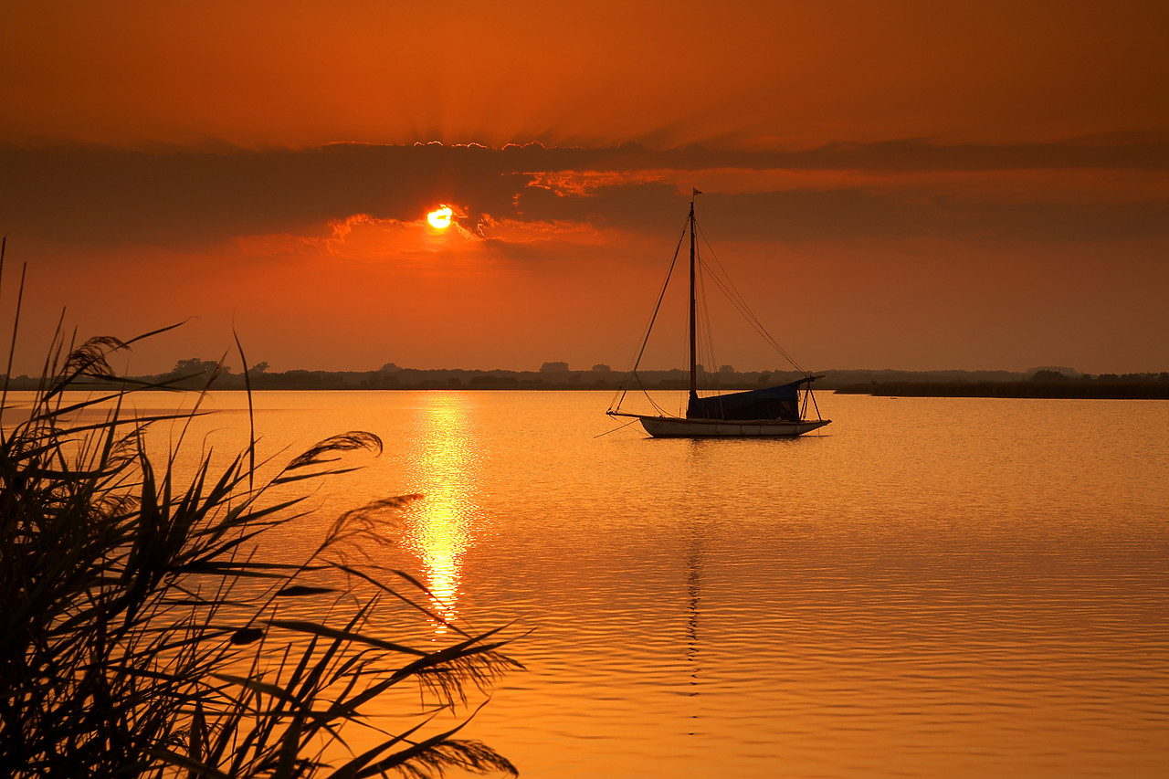 #060203-3 - Sailboat at Sunset, Horsey Mere, Norfolk Broads National Park, Norfolk, East Anglia, England