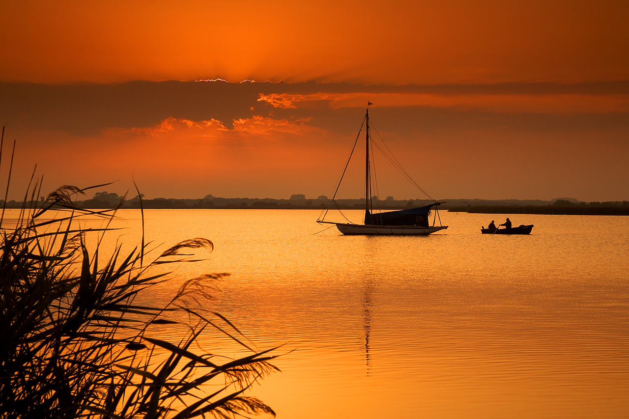 #060204-1 - Sailboat at Sunset, Horsey Mere, Norfolk Broads National Park, Norfolk, East Anglia, England