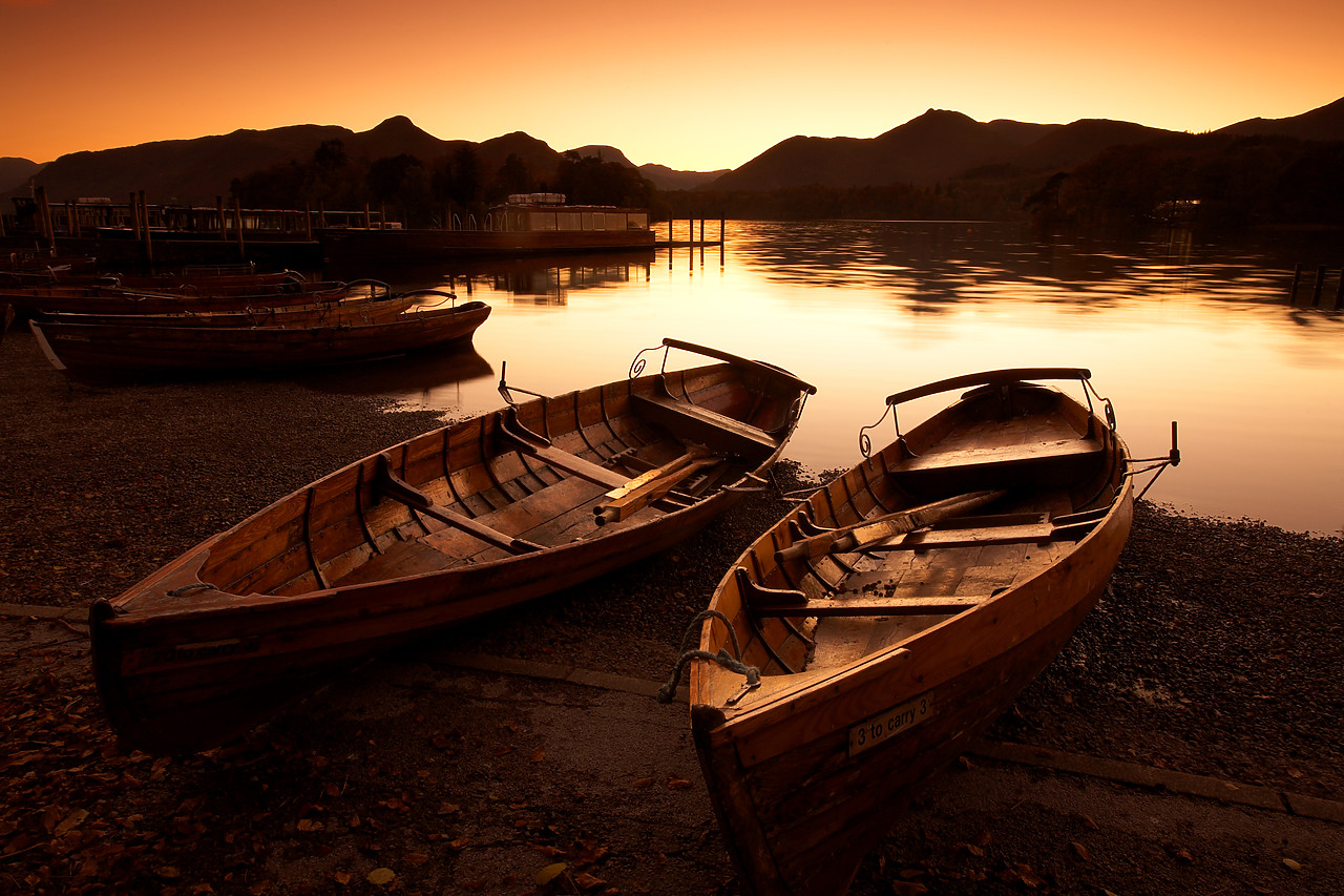 #060710-1 - Row Boats along Derwent Water at Sunset, Lake District National Park, Cumbria, England