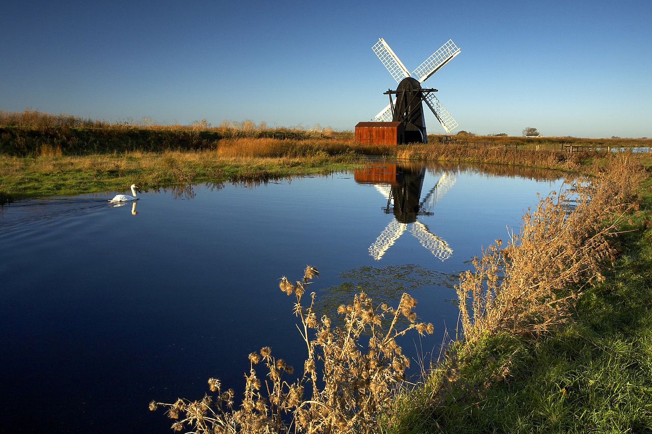 #060758-1 - Herringfleet Windpump Reflecting in Dyke, Suffolk, England