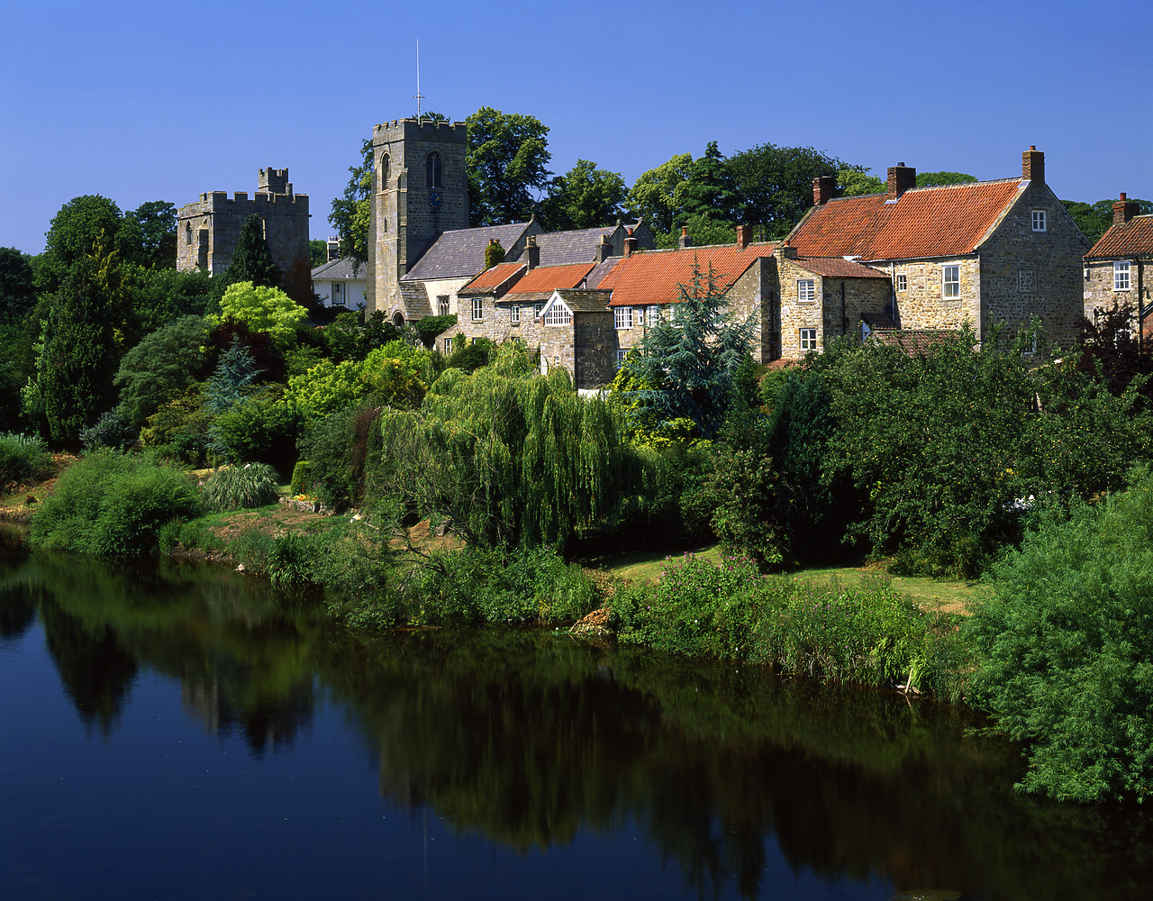 #060780-1 - Marmion Tower & Church, West Tanfield seen over River Ure, North Yorkshire, England
