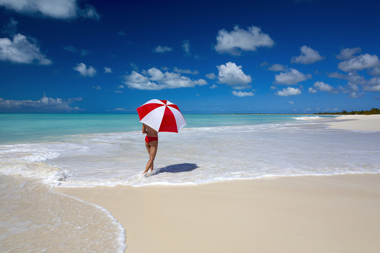#070057-1 - Woman Walking on Beach with Red & White Umbrella, Barbuda, Caribbean, West Indies