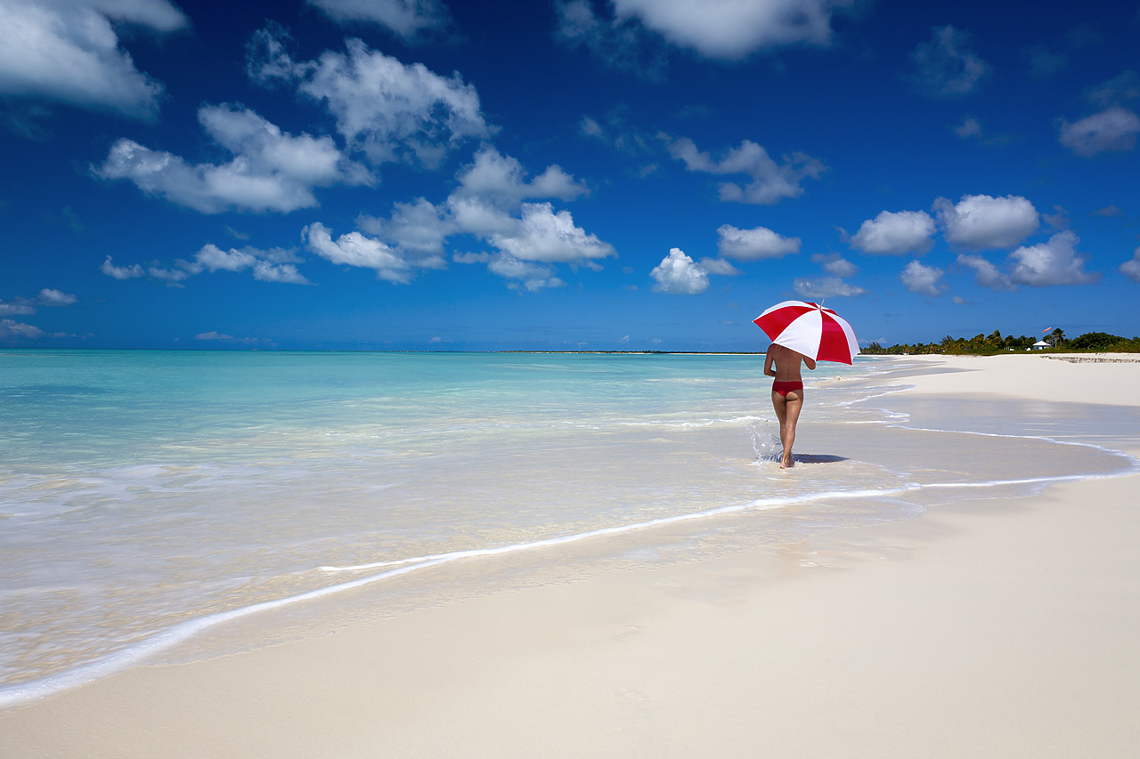 #070058-1 - Woman Walking on Beach with Red & White Umbrella, Barbuda, Caribbean, West Indies