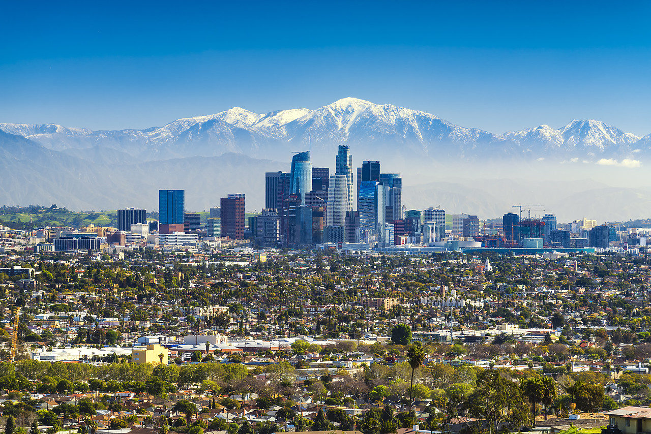 #170219-1 - Los Angeles Skyline and Snow Capped San Gabriel Mountains, California, USA