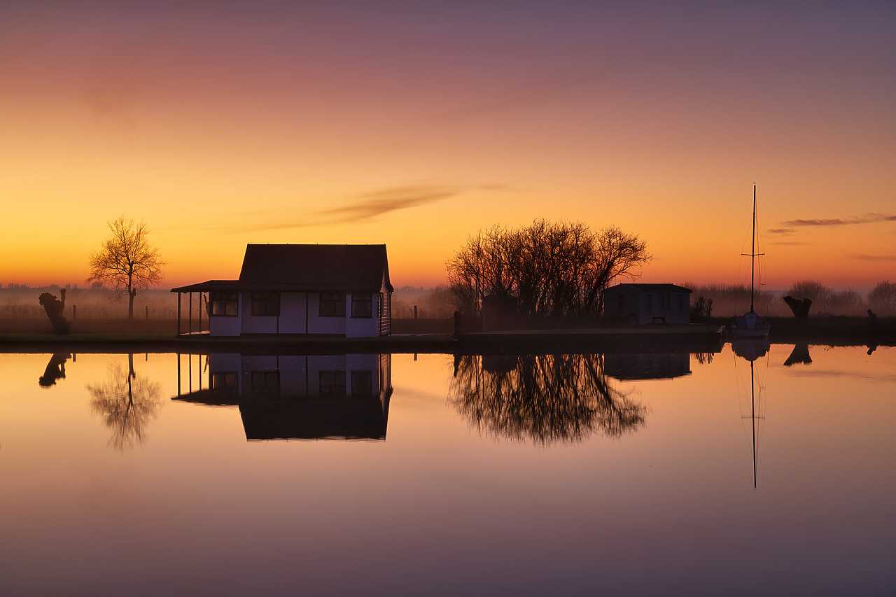 #410007-1 - Cabin Reflecting in River Thurne at Sunset, Norfolk Broads National Park, Norfolk, England