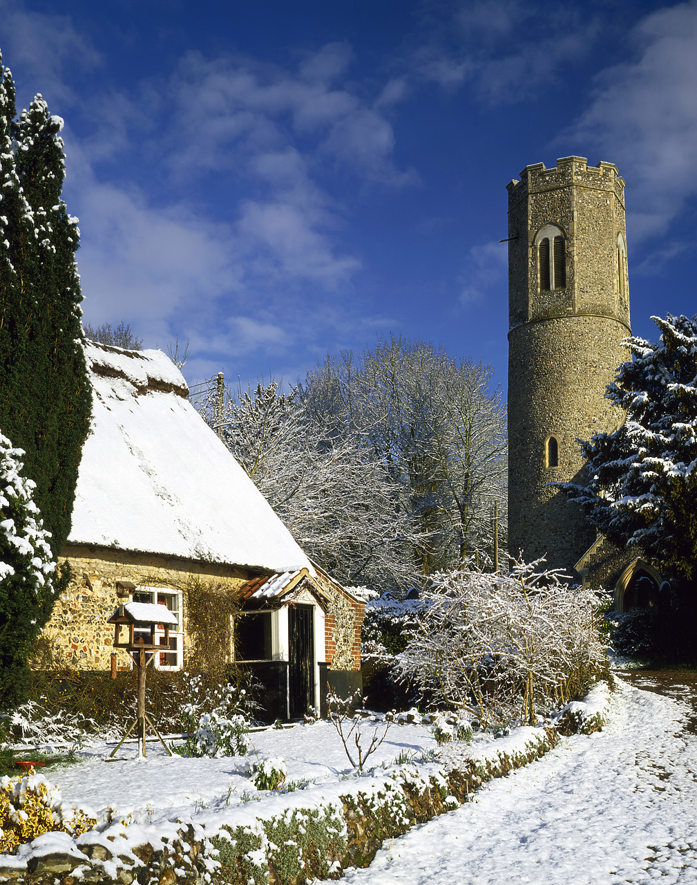 #040059-5 - Cottage & Church in Winter, Intwood, Norfolk, England