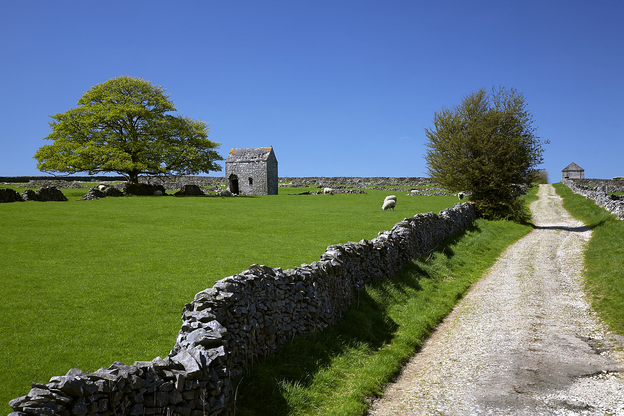 #060180-1 - Country Lane & Stone Barn, Tideswell, Peak District National Park, Derbyshire, England