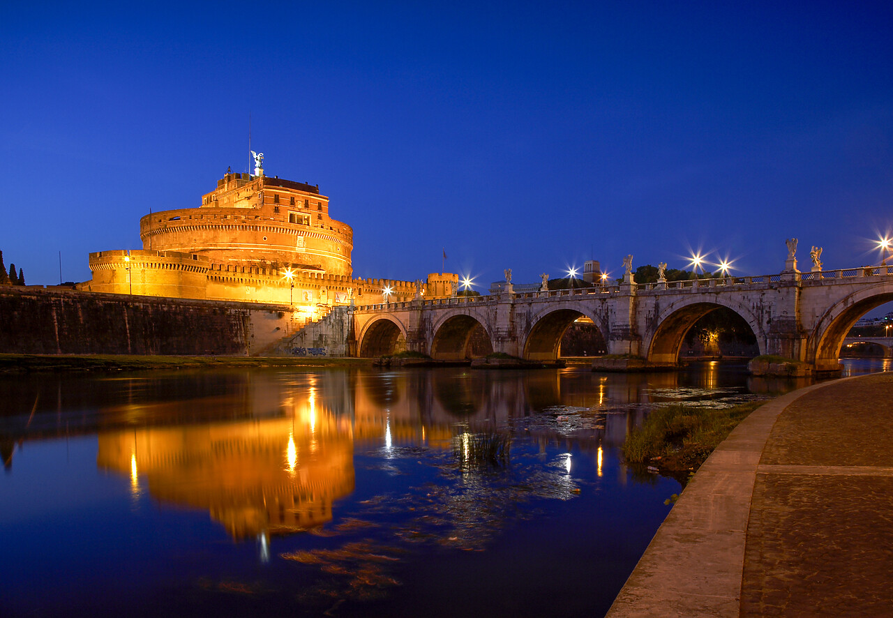 #060428-1 - Castel St. Angelo Reflecting in Tiber River at Night, Rome, Italy