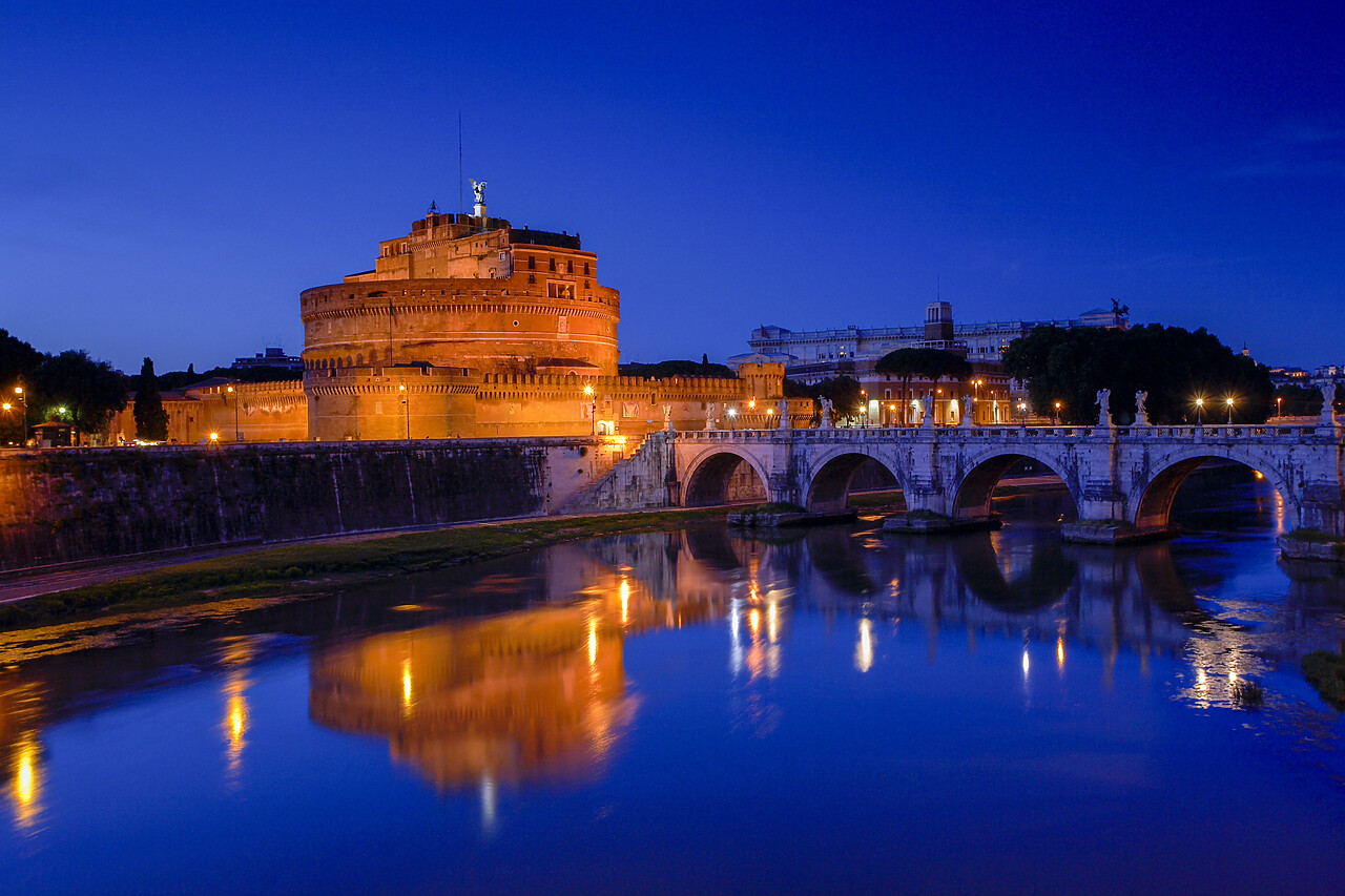 #060428-3 - Castel St. Angelo Reflecting in Tiber River at Night, Rome, Italy