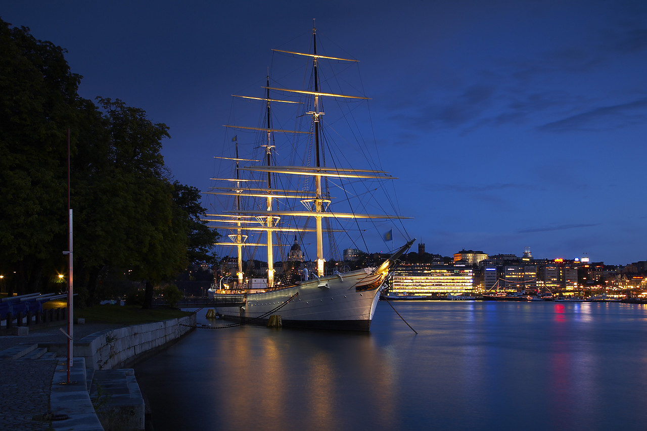 #080222-1 - Historic Ship Af Chapman at Night (with hostel inside), Skeppsholmen, Stockholm, Sweden