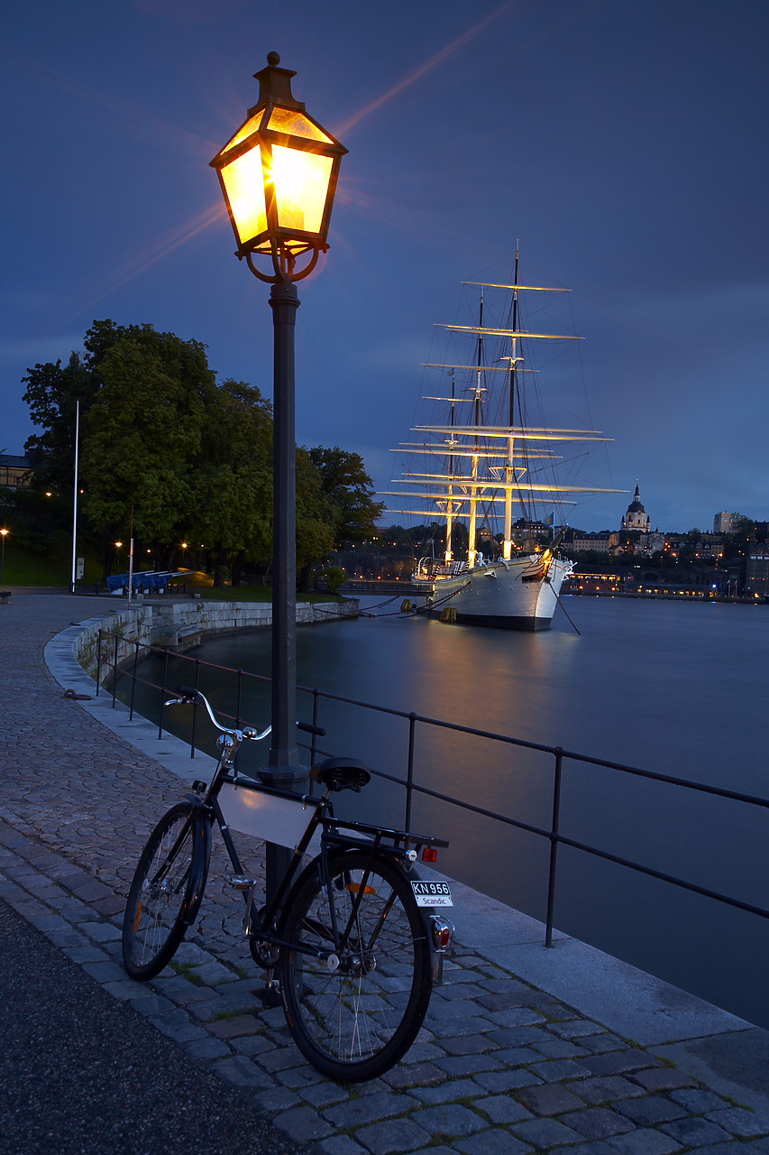 #080223-1 - Bike & Historic Ship Af Chapman at Night (with hostel inside), Skeppsholmen, Stockholm, Sweden