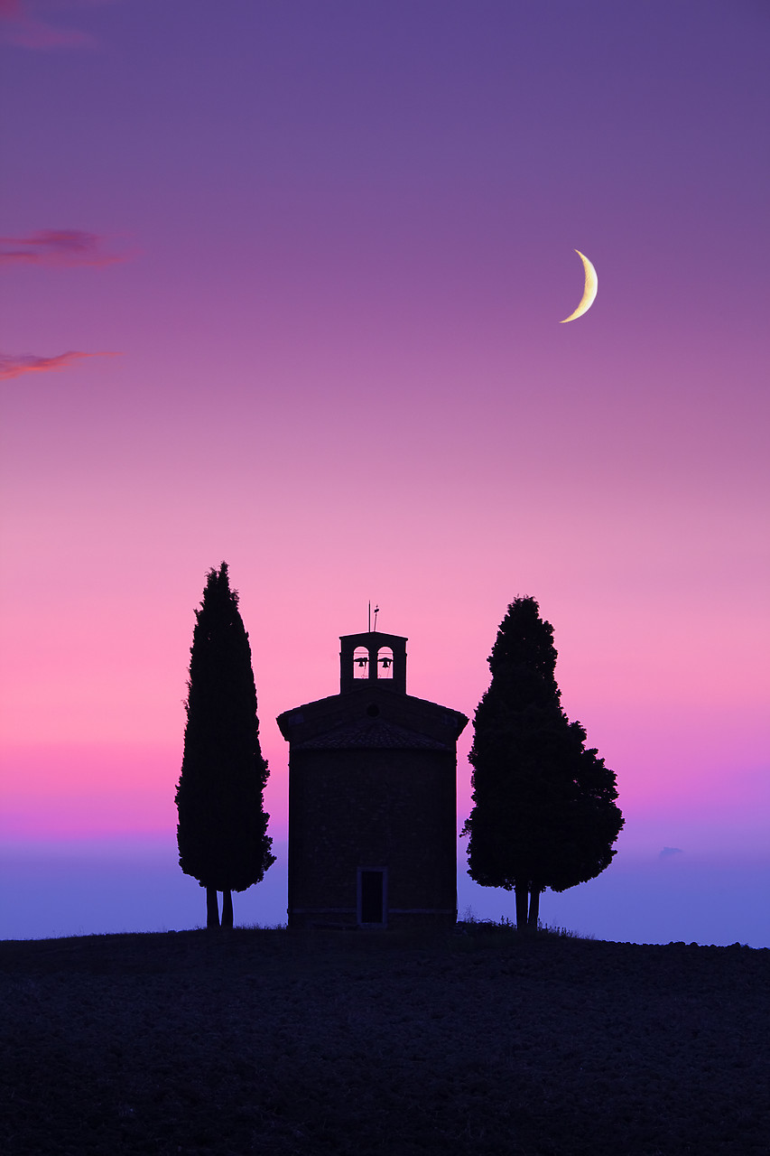 #090210-1 - Crescent Moon over Chapel Madonna di Vitaleta, Val d' Orcia, Tuscany, Italy