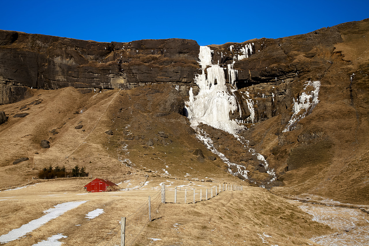 #100118-1 - Red Barn & Frozen Waterfall, Iceland