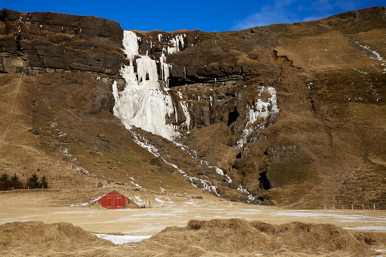#100119-1 - Red Barn & Frozen Waterfall, Iceland