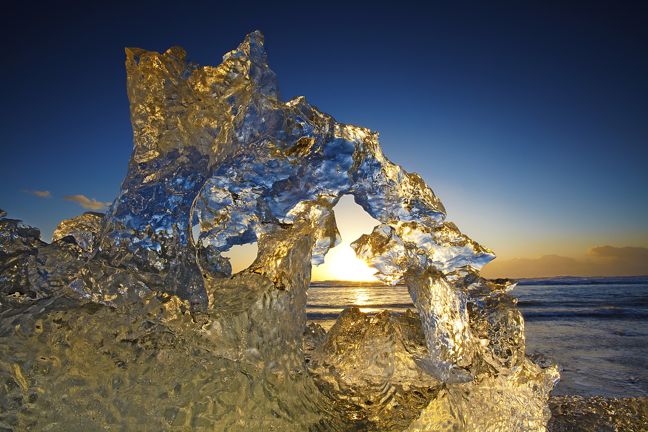 #110107-1 - Iceberg Sculpture at Sunrise, Jokulsarlon Beach, Iceland