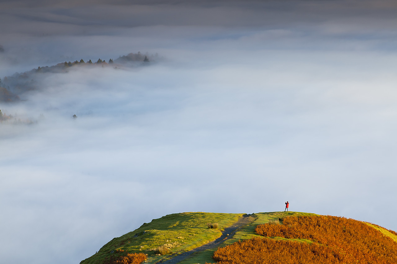 #110355-1 - Hiker overlooking Low Cloud from Catbells, Lake District National Park, Cumbria, England
