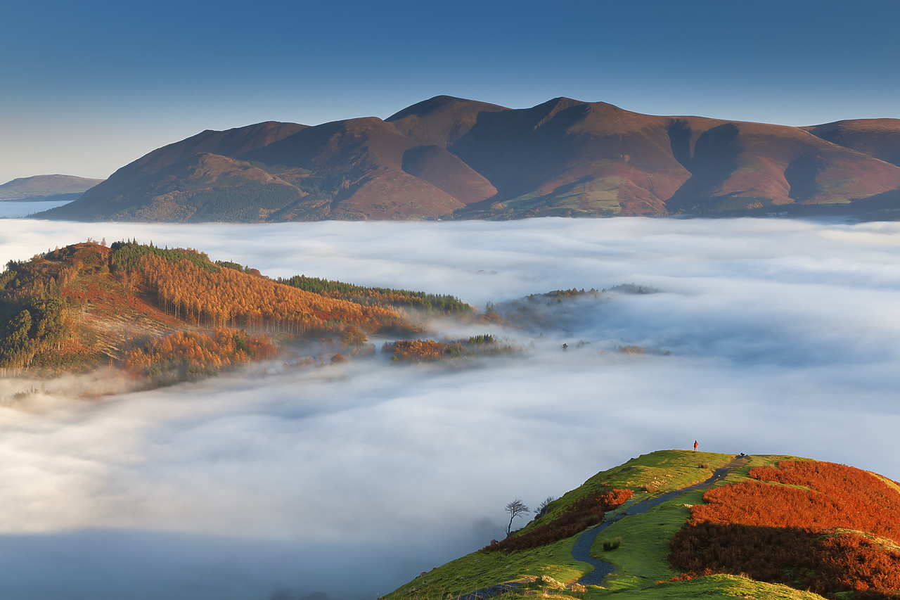 #110369-1 - Hiker overlooking Low Cloud from Catbells, Lake District National Park, Cumbria, England