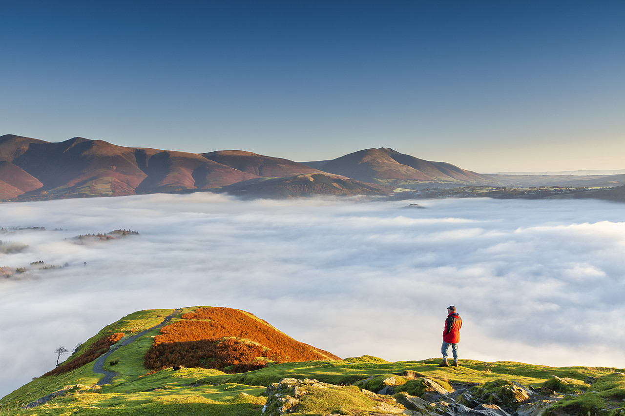 #110370-1 - Hiker Overlooking Low Cloud Below Skiddaw, Lake District National Park, Cumbria, England