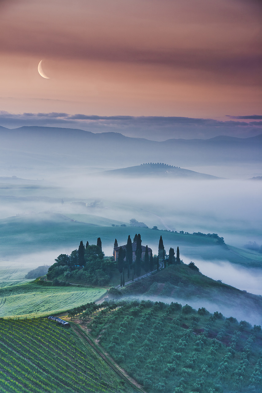 #140172-1 - Moon over Misty Landscape Behind Belvedere, Val d'Orcia, Tuscany, Italy