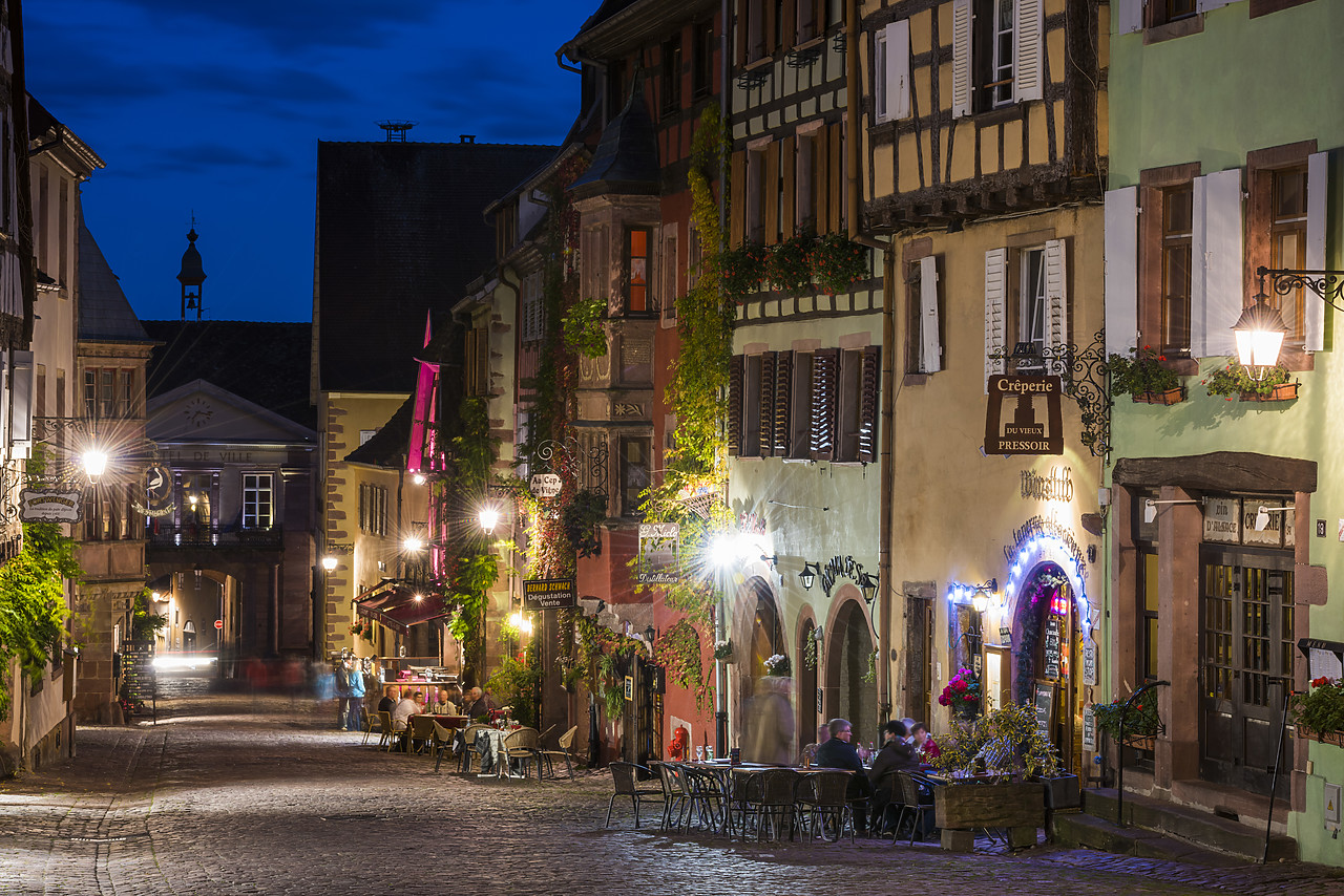 #140422-1 - Cobblestone Street at Night, Riquewihr, Alsace, France