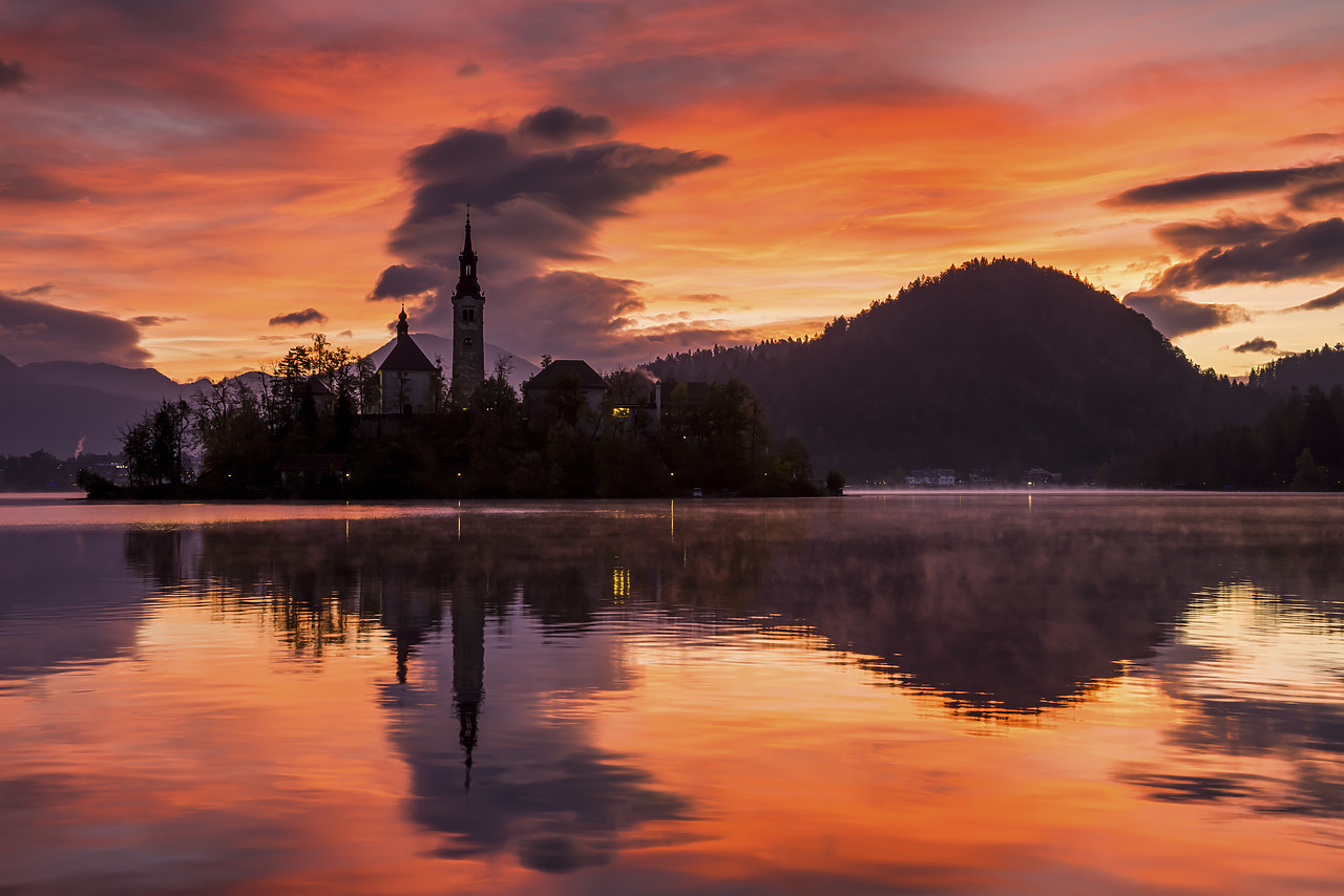 #150502-1 - Lake Bled at Sunrise with Assumption of Mary's Pilgrimage Church, Slovenia, Europe