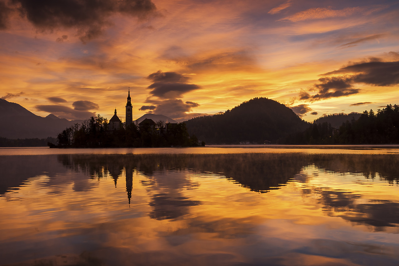#150503-1 - Lake Bled at Sunrise with Assumption of Mary's Pilgrimage Church, Slovenia, Europe
