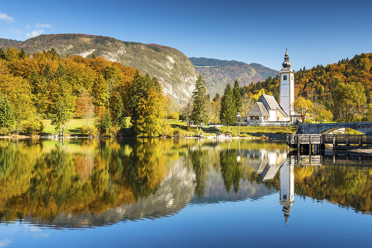 #150507-1 - Church of St. John the Baptist reflecting in Lake Bohinj, Slovenia, Europe