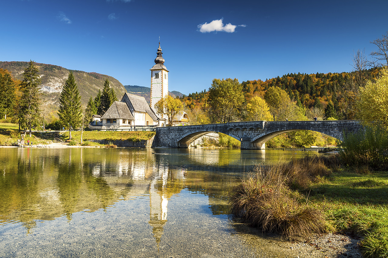 #150509-1 - Church of St. John the Baptist reflecting in Lake Bohinj, Slovenia, Europe