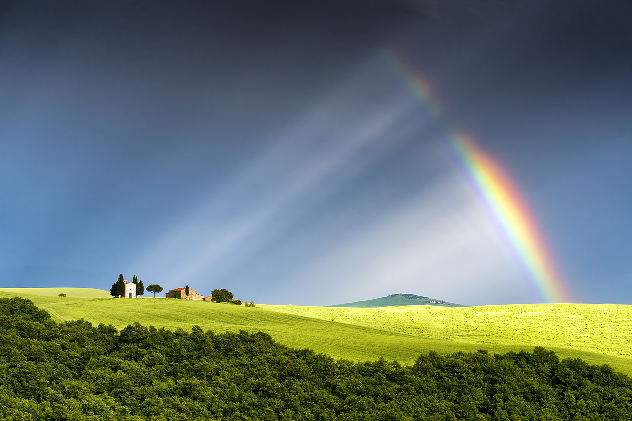 #160013-1 - Fragmented Rainbow & Light Rays over Chapel Madonna di Vitaleta, Tuscany, Italy