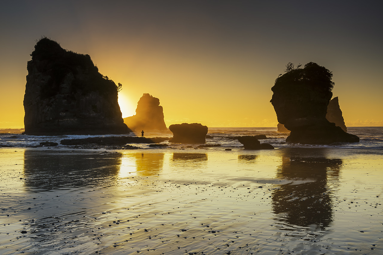 #160152-1 - Lone Person on Motukiekie Beach at Sunset, New Zealand