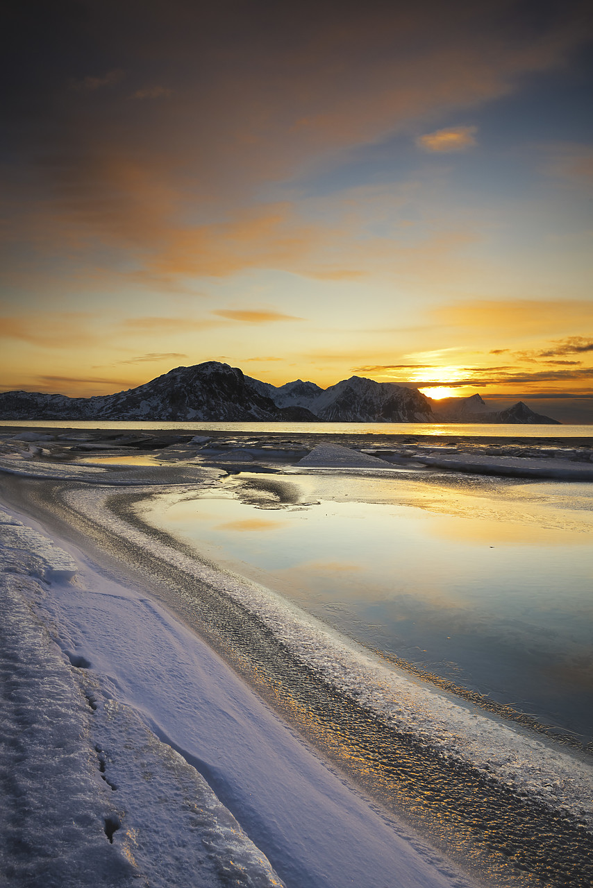 #160382-2 - Sunset over Haukland Beach, Lofoten Islands, Norway
