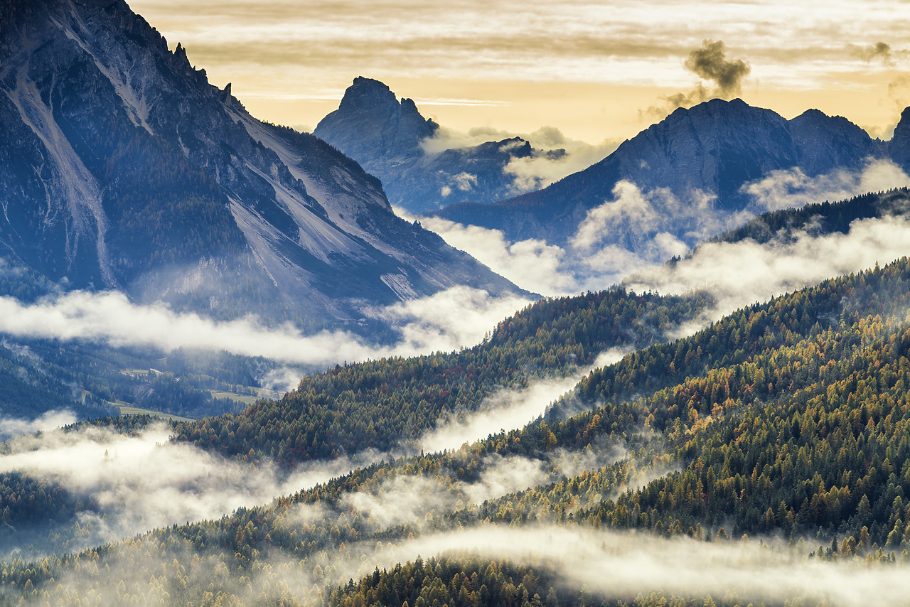 #160408-1 - Low Mist Through Mountains, Dolomites,  Belluno, Italy