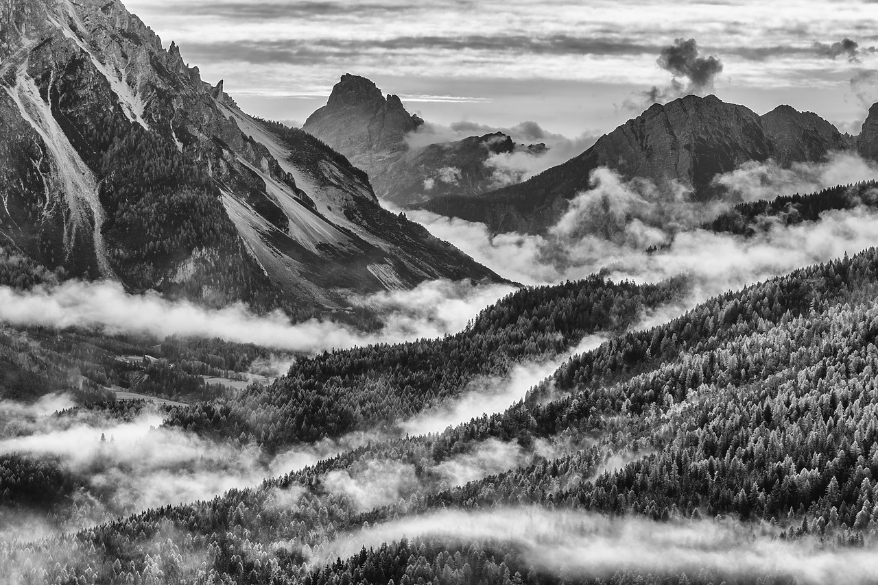 #160408-2 - Low Mist Through Mountains, Dolomites,  Belluno, Italy