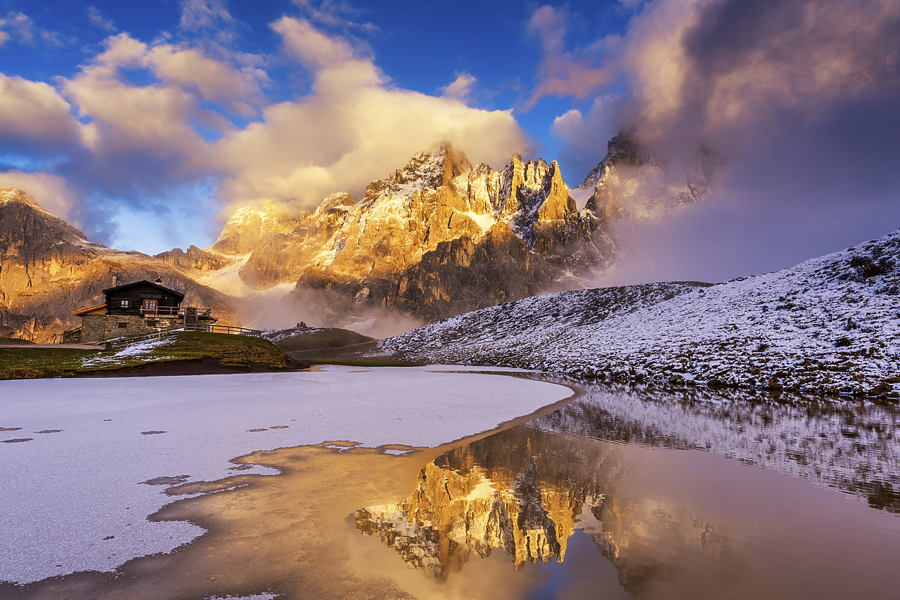 #160420-1 - Cima dei Bureloni Reflecting in Partially Frozen Lake, Dolomites, Trentino, Italy