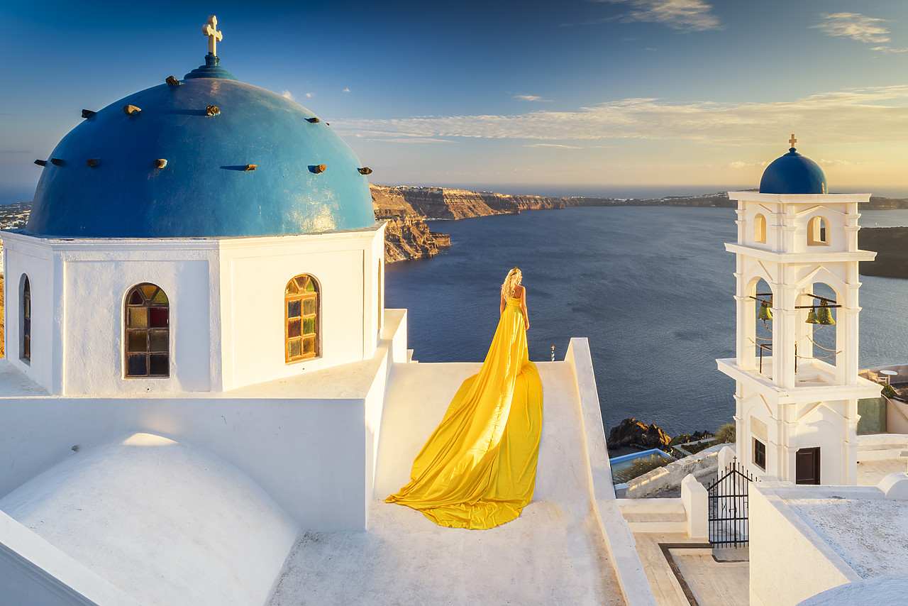 #160426-1 - Woman in Long Yellow Dress & Church, Santorini, Cyclades, Greece