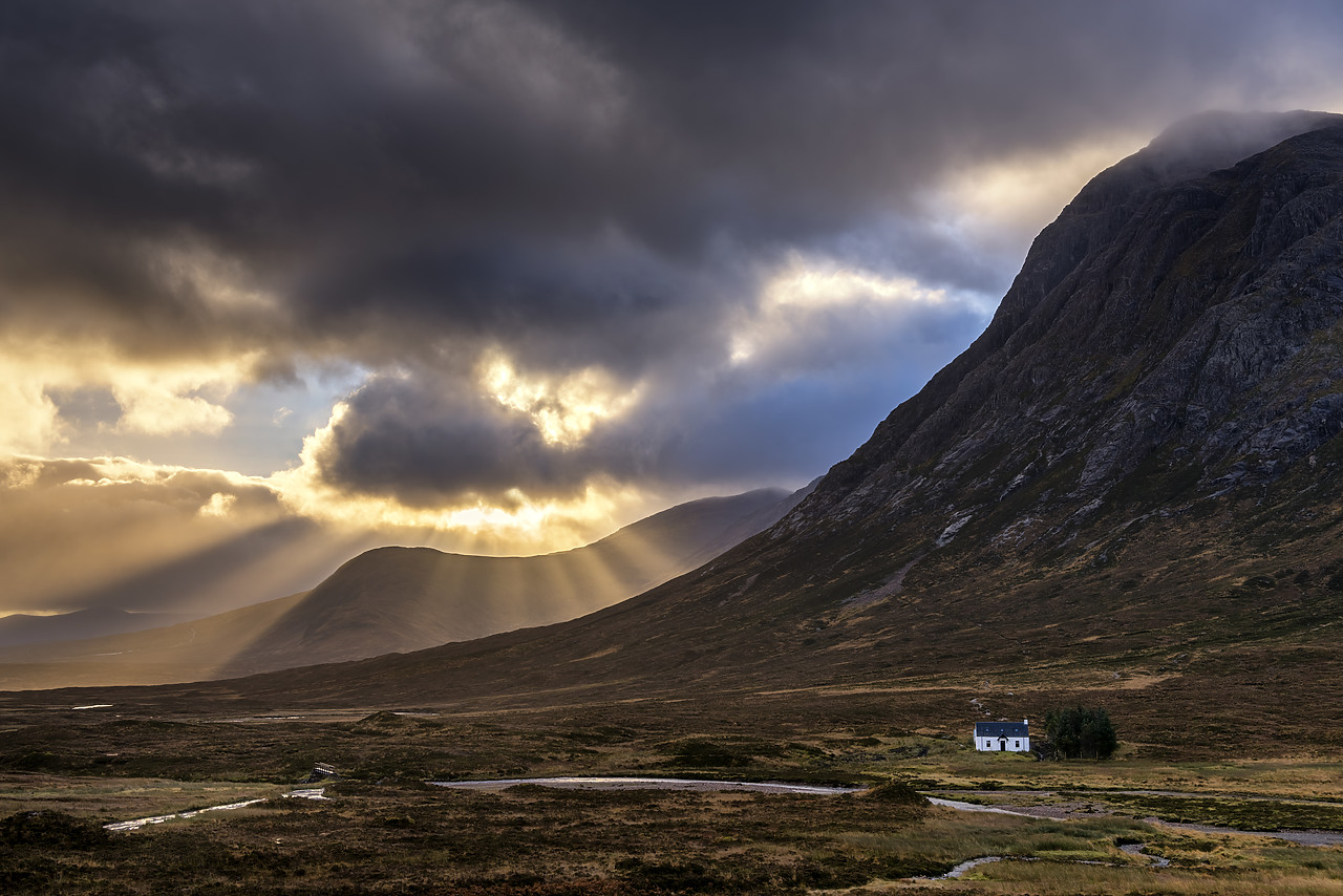 #170715-1 - Sun Beams Through Clouds and Lone Cottage, Glen Coe, Highland Region, Scotland