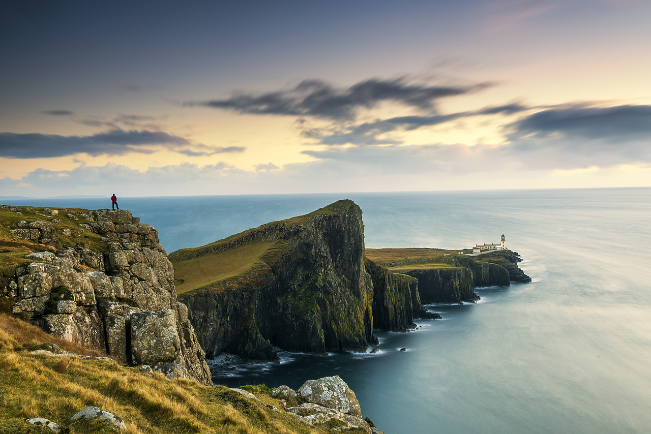 #170731-1 - Person Overlooking Neist Point Lighthouse, Isle of Skye, Highland Region, Scotland
