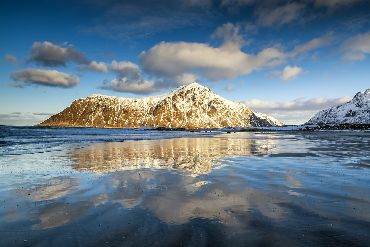 #180092-1 - Hustinden Reflecting in Skagsanden Beach, Lofoten Islands, Norway