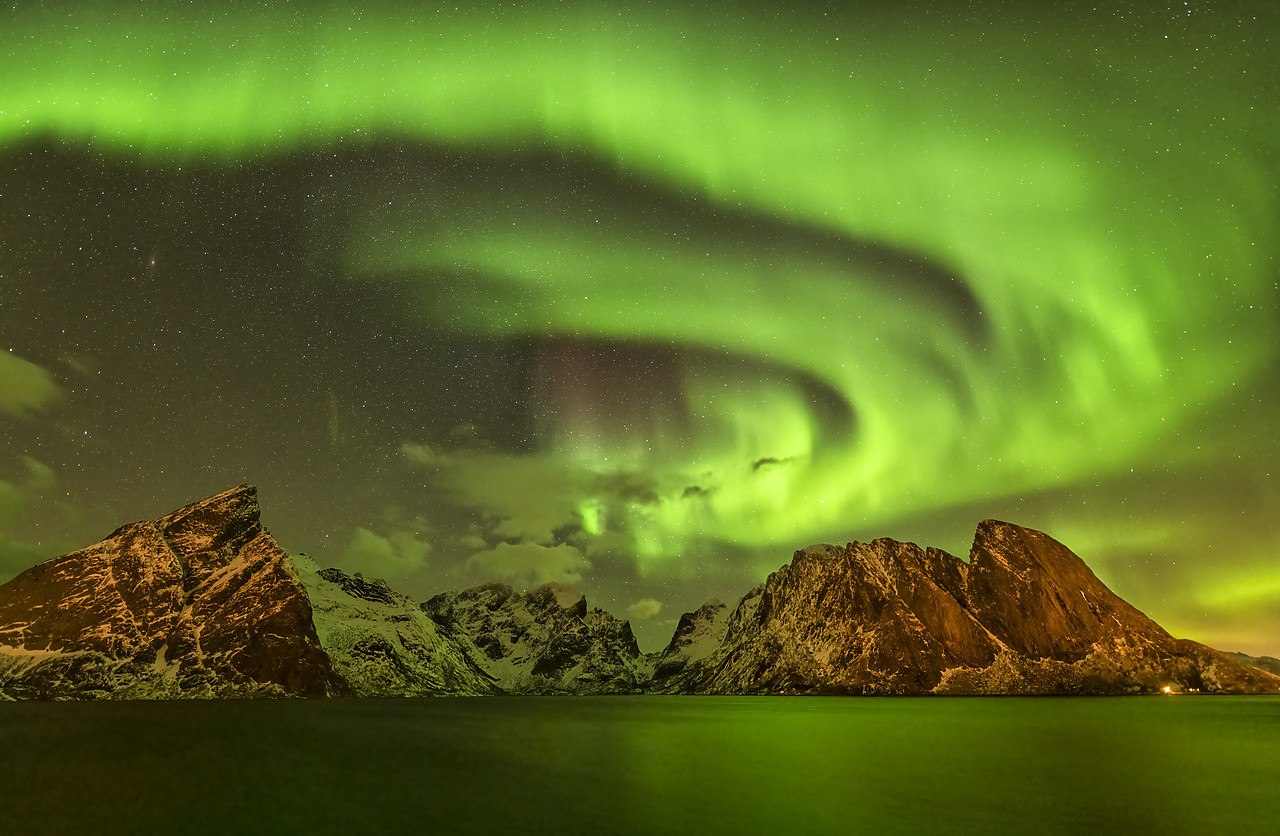 #180104-1 - Aurora over Mountains, Lofoten Islands, Norway