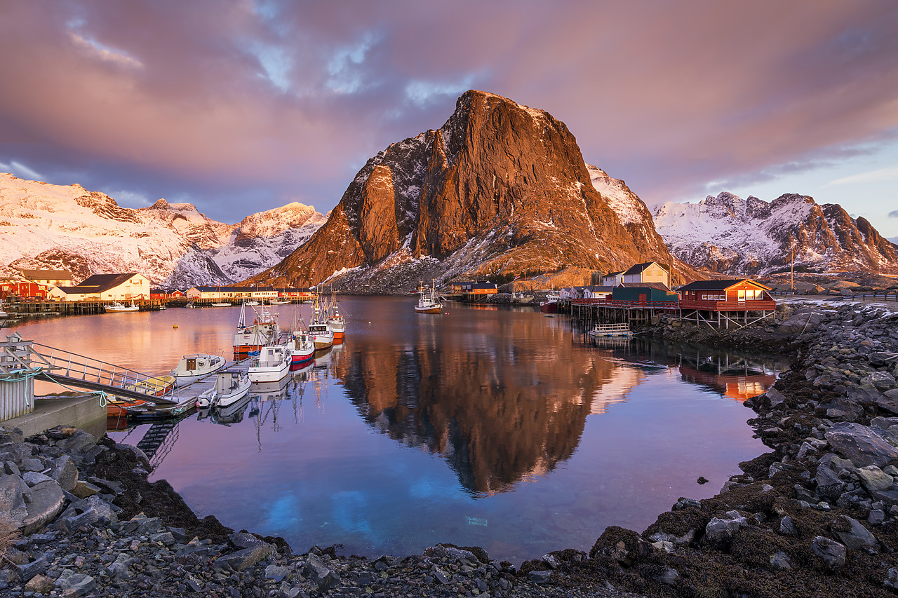 #180113-1 - Festhelltinden Reflecting in Hamnoy Harbour, Lofoten Islands, Norway
