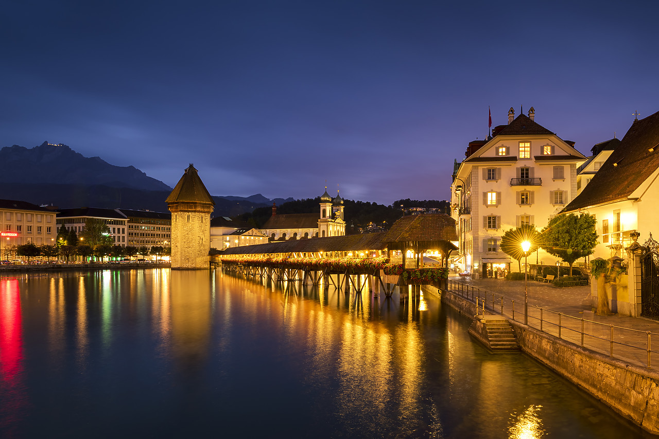 #180406-2 - Chapel Bridge & Water Tower at Night, Lucerne, Switzerland