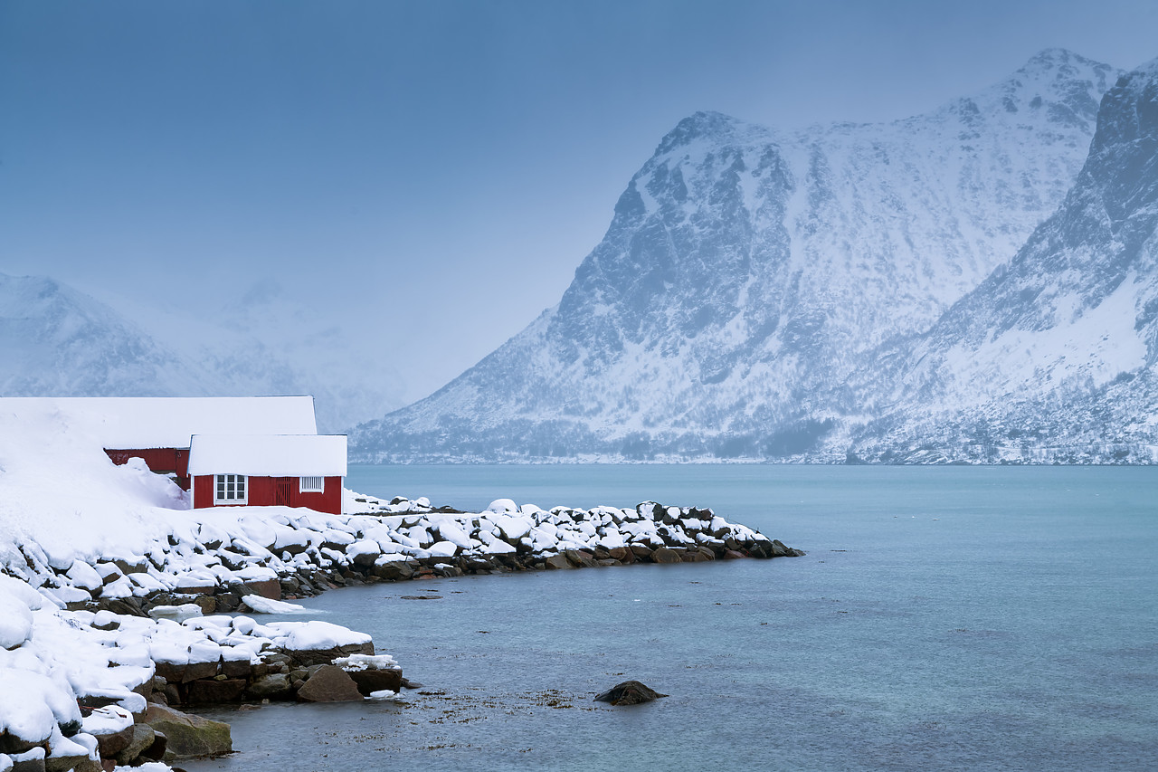 #190414-1 - Red Fishing Hut on Flakstadpollen, Lofoten Islands, Norway
