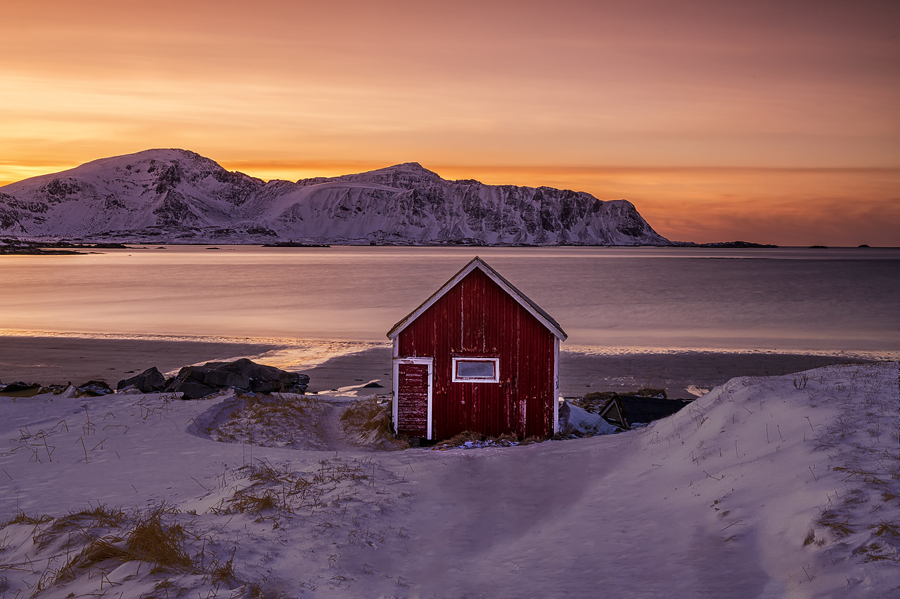 #190436-1 - Red Boat Shack at Sunset in Winter, Lofoten Islands, Norway