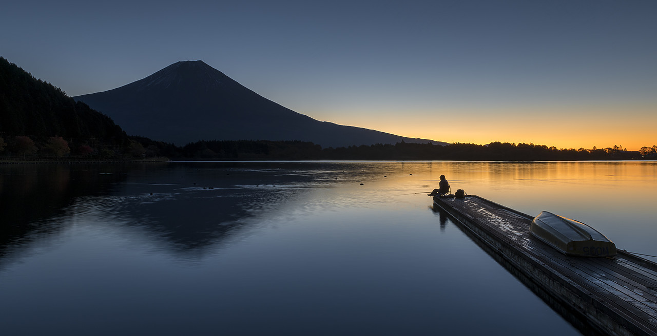 #190631-2 - Mt. Fuji & Fisherman at Sunrise, Lake Tanuki, Fujinomiya, Shizouka, Honshu, Japan