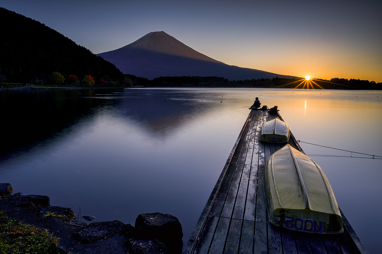 #190632-1 - Mt. Fuji & Fisherman at Sunrise, Lake Tanuki, Fujinomiya, Shizouka, Honshu, Japan