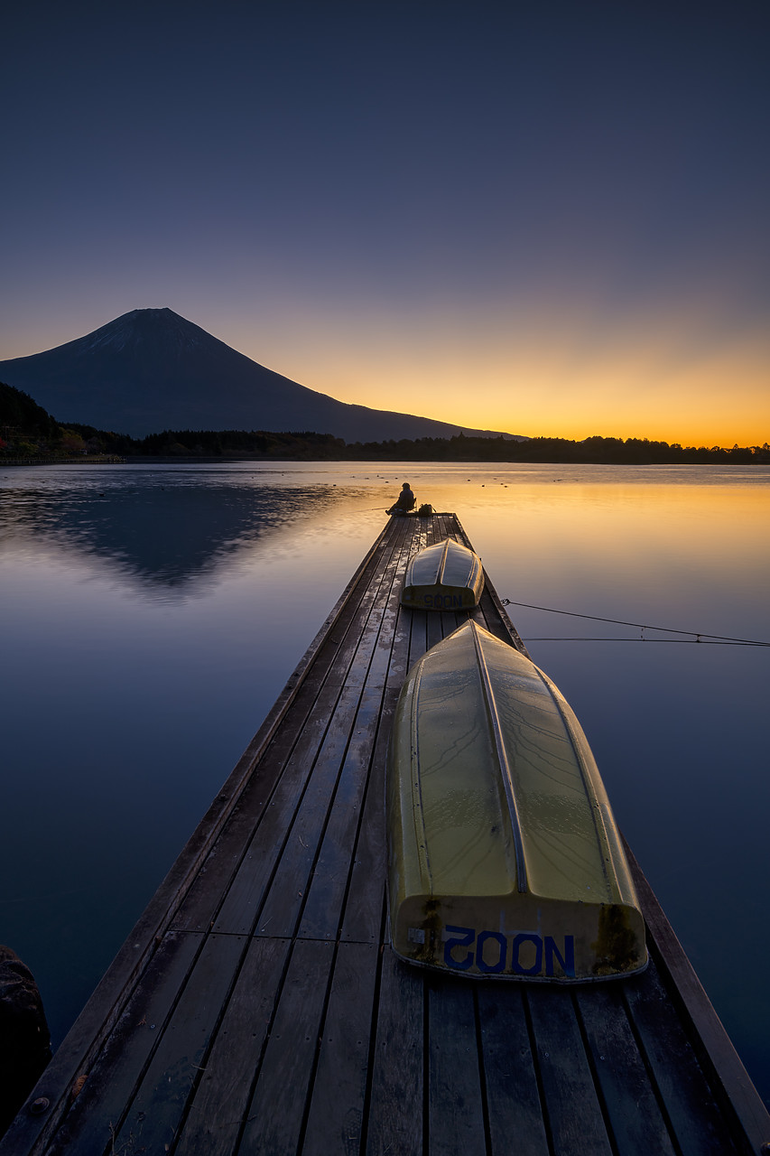 #190632-2 - Mt. Fuji & Fisherman at Sunrise, Lake Tanuki, Fujinomiya, Shizouka, Honshu, Japan