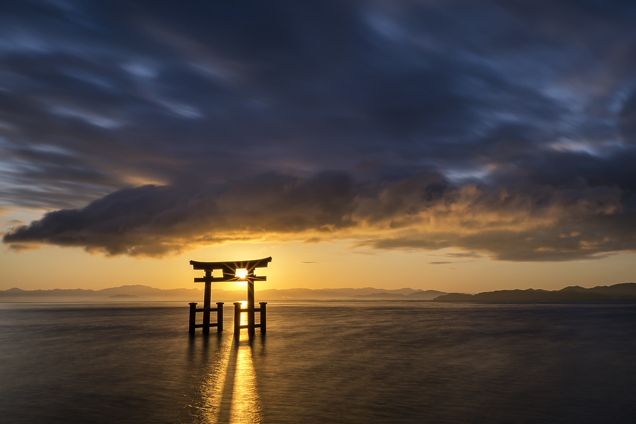 #190690-1 - Shirahige Shrine Torii Gate at Sunrise, Lake Biwa, Takashima, Shiga Prefecture, Japan