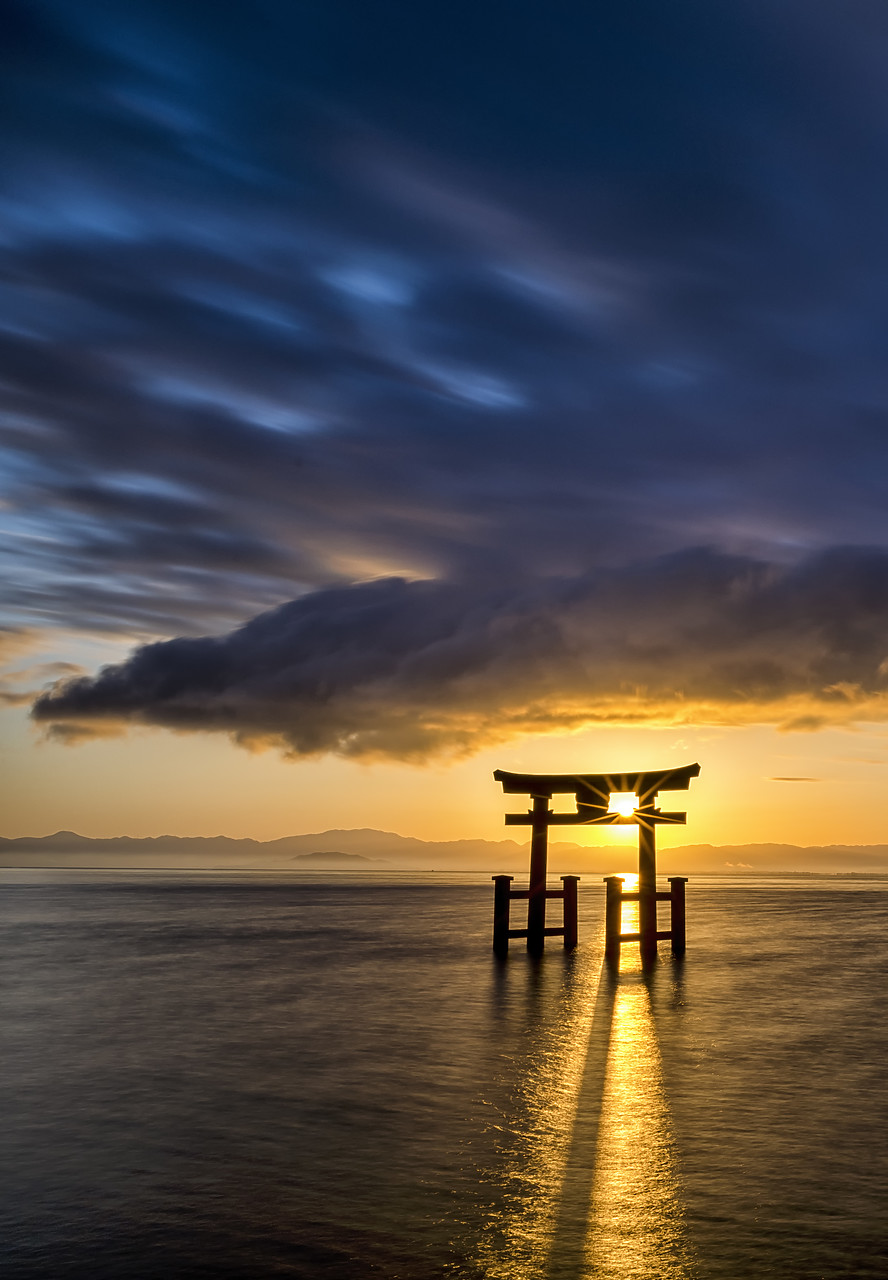 #190690-2 - Shirahige Shrine Torii Gate at Sunrise, Lake Biwa, Takashima, Shiga Prefecture, Japan