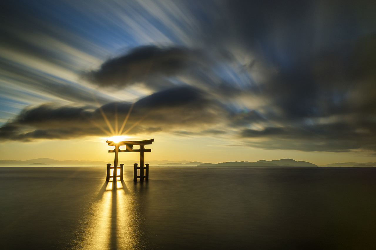 #190691-1 - Shirahige Shrine Torii Gate at Sunrise, Lake Biwa, Takashima, Shiga Prefecture, Japan