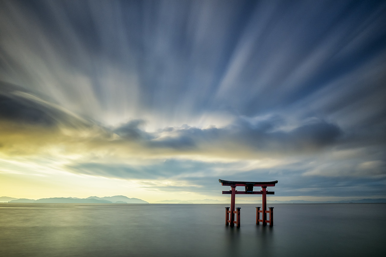#190692-1 - Shirahige Shrine Torii Gate at Sunrise, Lake Biwa, Takashima, Shiga Prefecture, Japan